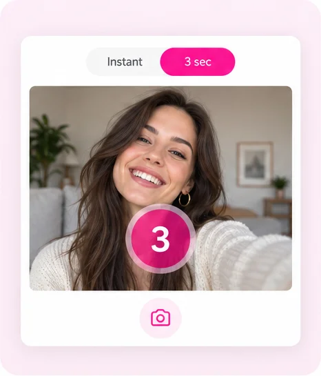 Illustration of Instant and 3 sec capture timing options with a countdown over the camera preview