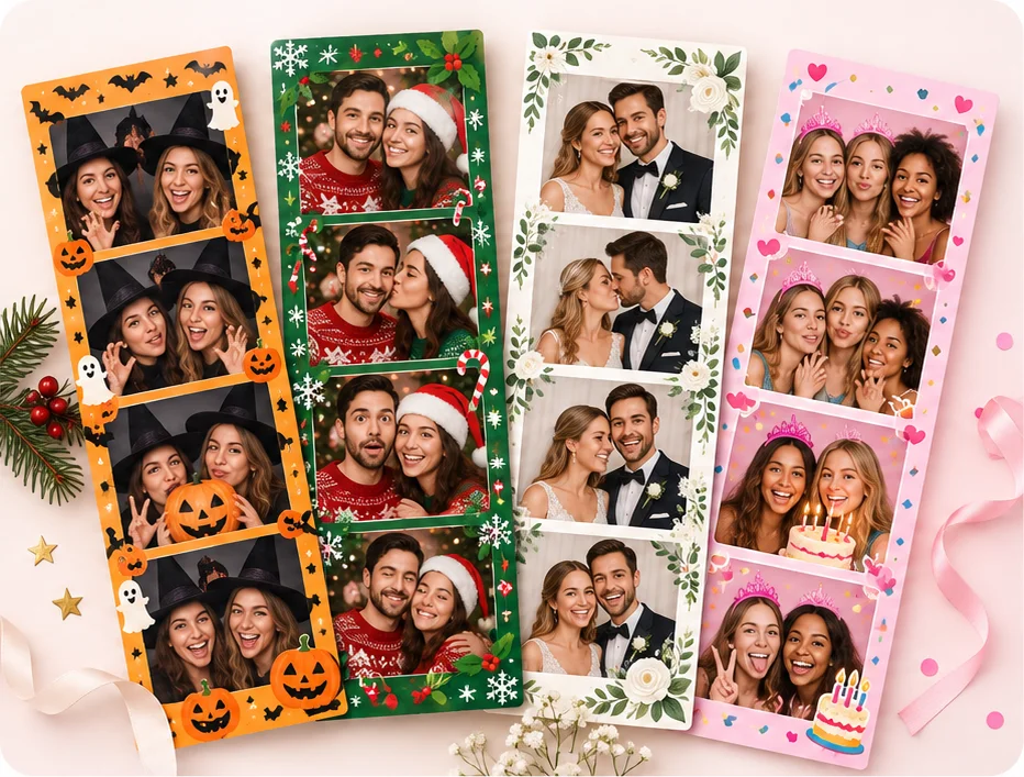 Halloween, Christmas, wedding, and birthday photo strips with themed frames and different poses