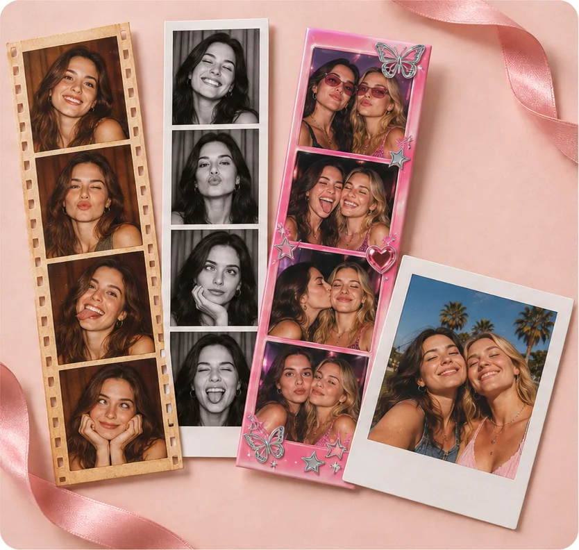 Vintage film and black and white photo strips, a glossy pink Y2K frame, and a white-border Polaroid-style photo
