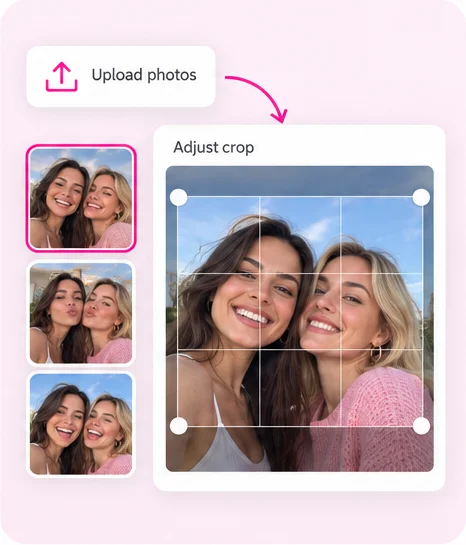 Illustration of local photo upload and crop adjustment with a framing grid